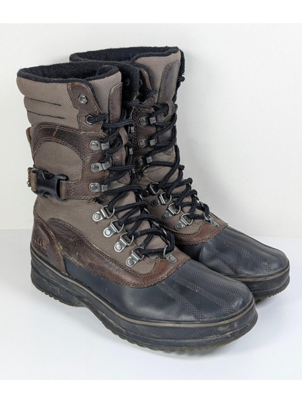Sorel Waterproof Sheep Fur Lined Brown Leather Winter Boots Mens Size 9 Buckle